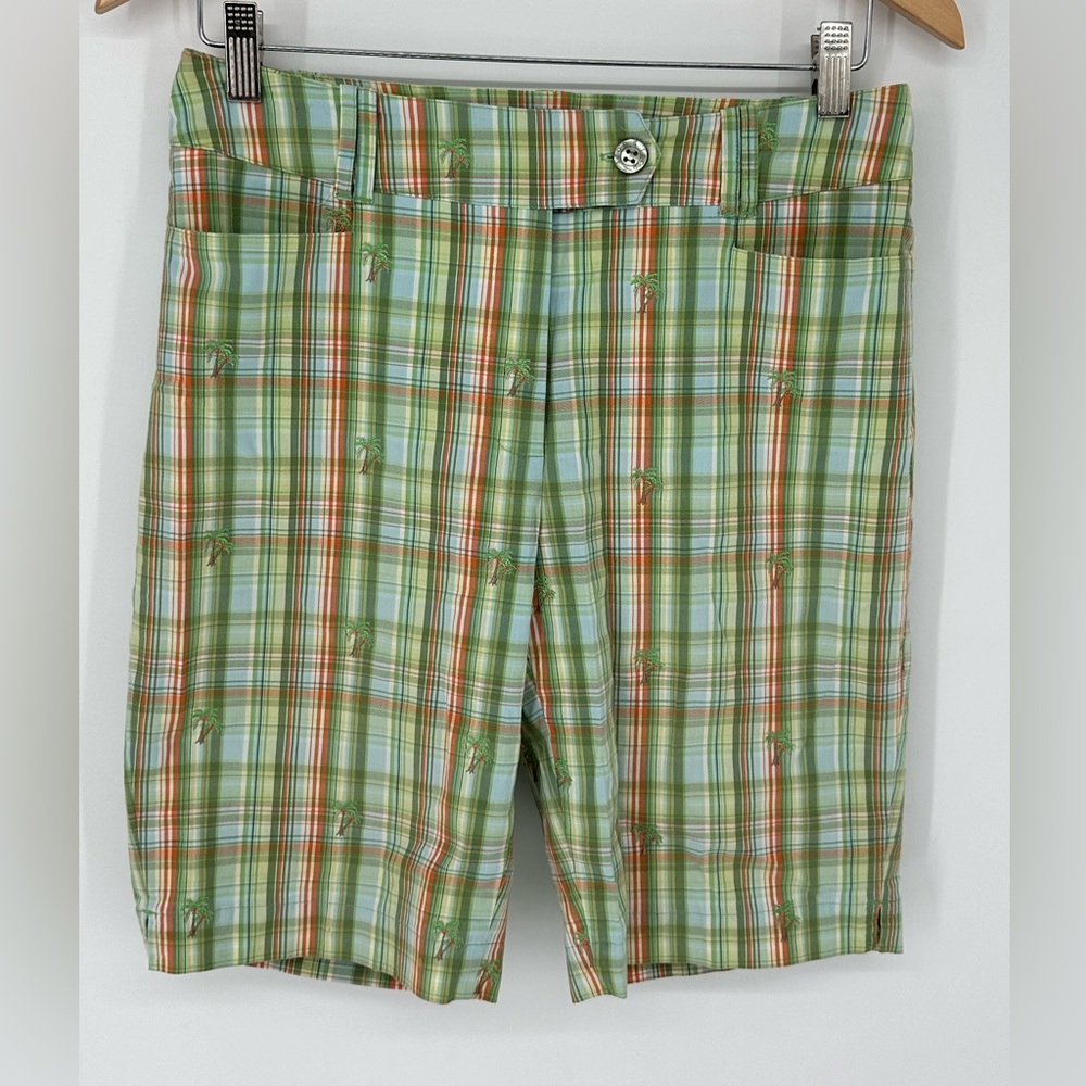 IZOD Flex Flat Front Green/Orange Plaid Womens Sz 4 Golf Shorts Palm Tree Print